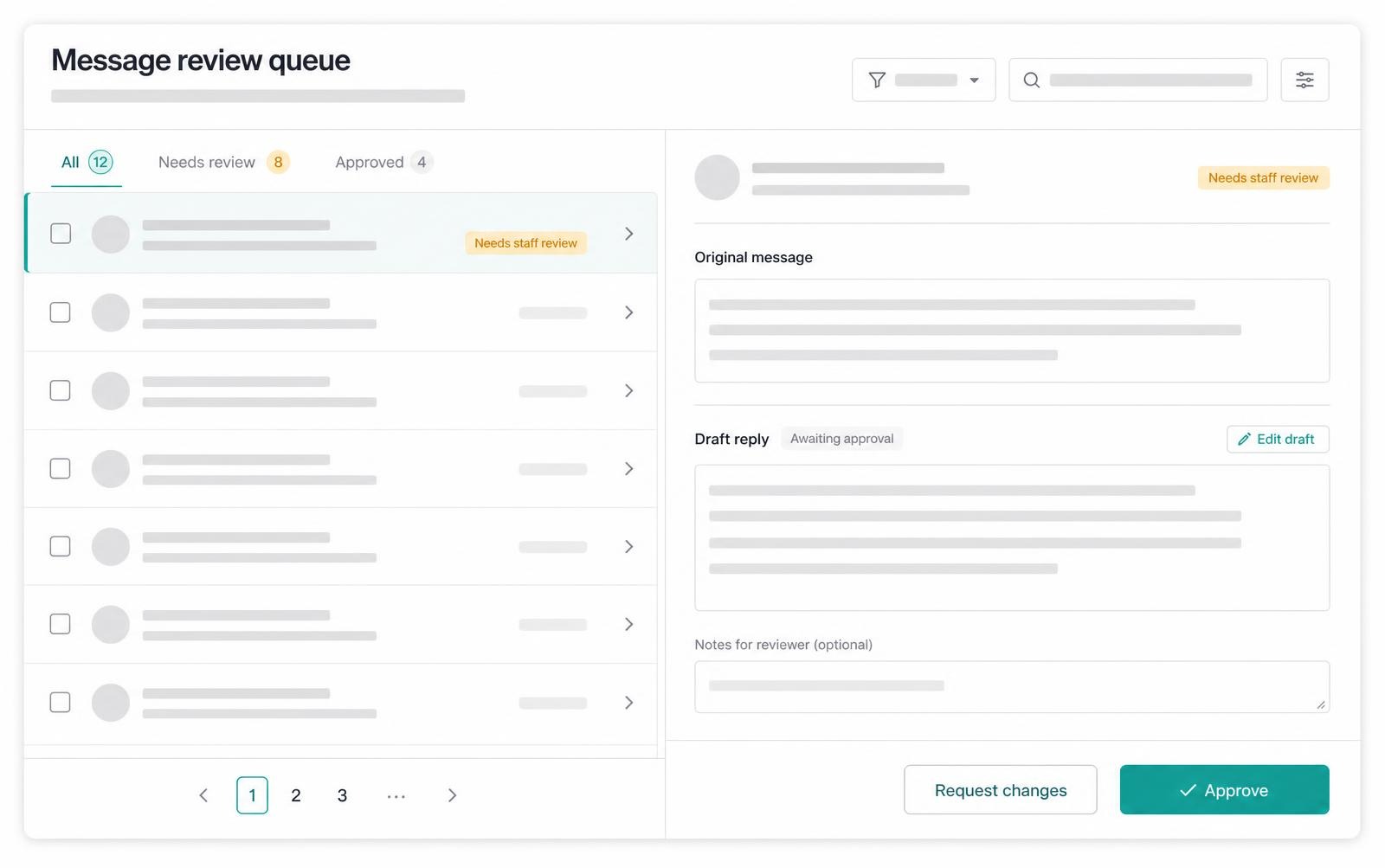 PatientArc recall queue with drafted outreach messages awaiting staff approval.
