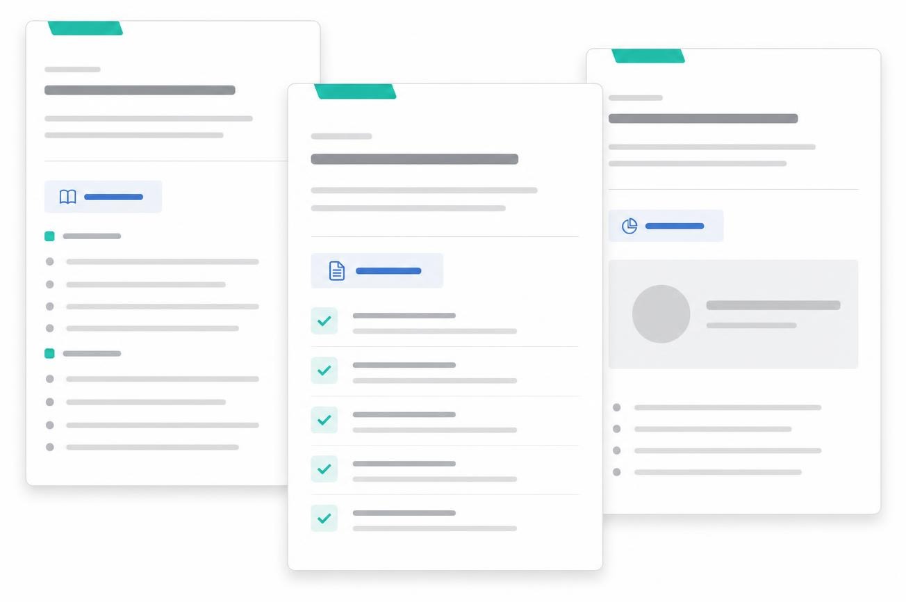 PatientArc playbook cards with mint tabs and blue documentation chips.